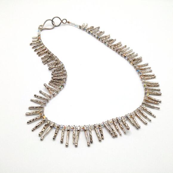 Artisan Crystal Bead Necklace with Silver Tube Beads on Wire, Handmade, 18 Inch - Picture 5 of 10